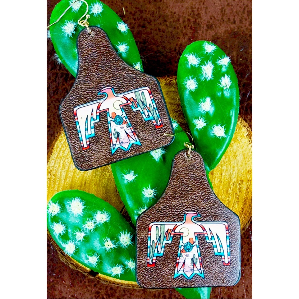 New! Firebird faux leather cattle tag earrings